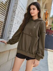 In My Nature Letter Graphic Drop Shoulder Drawstring Outdoor Sweatshirt - Coffee Brown - View 4