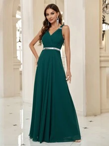 SHEIN Belle 亮片細節雪紡伴娘洋裝 - 墨綠色 - 查看 3