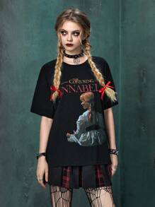 Annabelle | ROMWE Slogan Đồ họa Hình Áo thun - màu đen - Xem 4