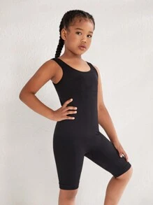 SHEIN 女大童素色大圓領活躍彈力緊身連體短褲 - 黑色 - 查看 3