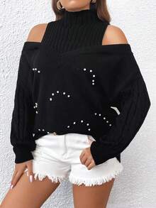 Celure 大碼珍珠串珠挖肩套頭毛衣 - 黑色 - 查看 5