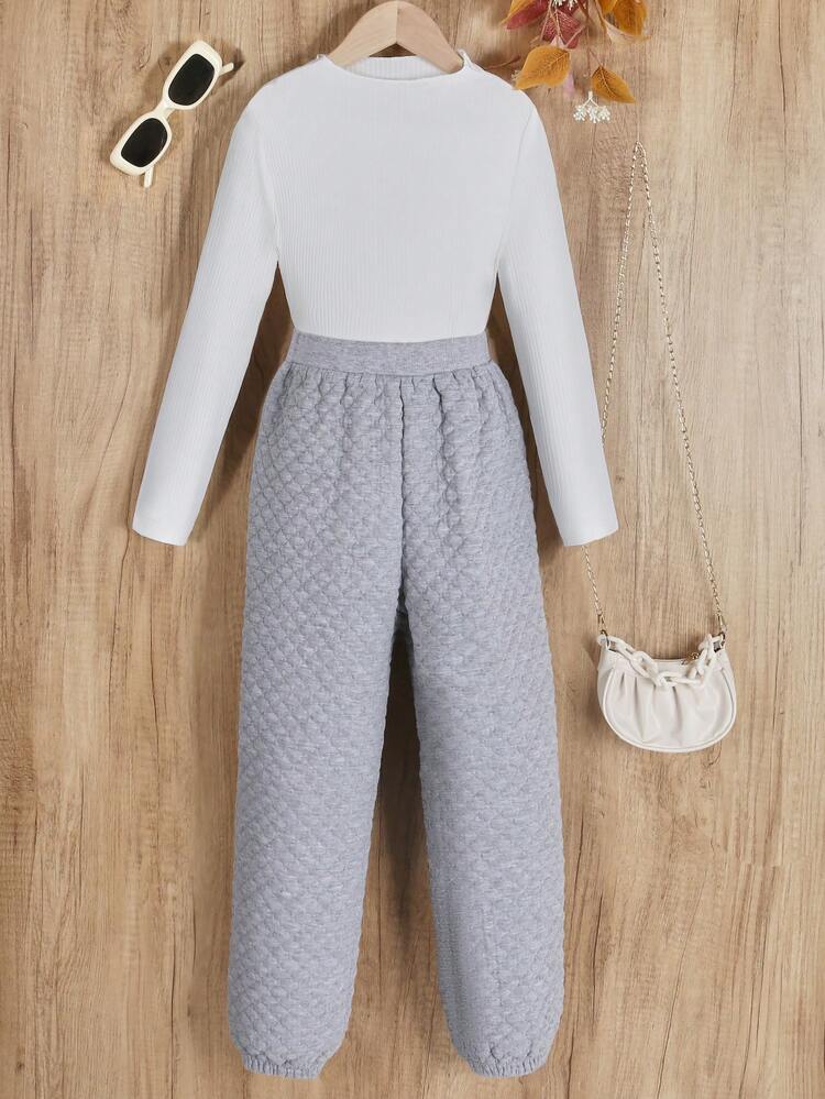 Tween Girl Solid Button Front Quilted Jacket & Sweatpants & Tee