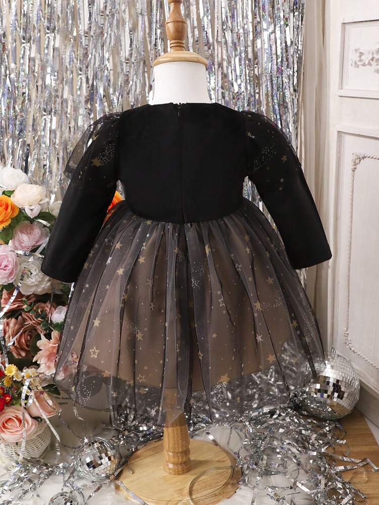 Baby Girl Bow Front Contrast Mesh Dress With Headband