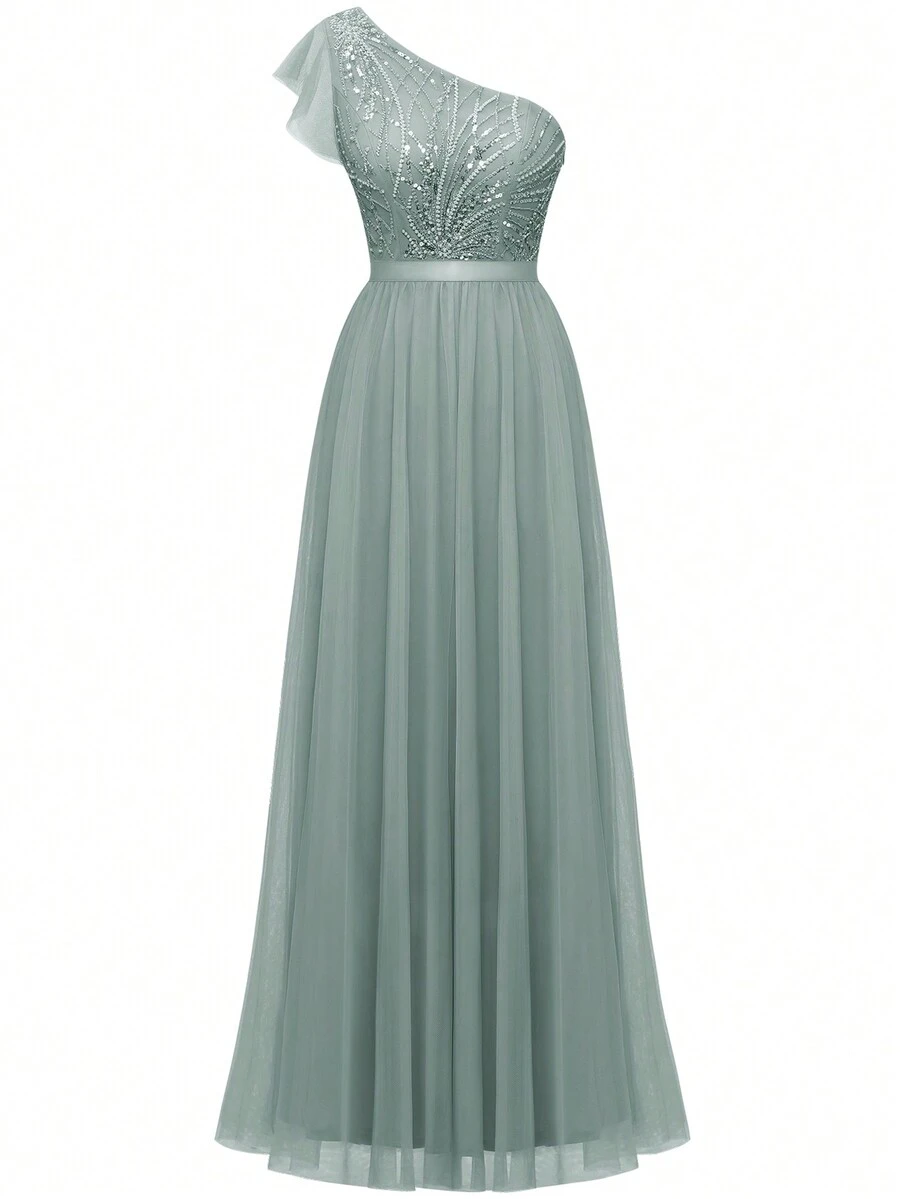 網拼接 亮片拼接純色伴娘禮服(成人) - 綠色 - 查看 1