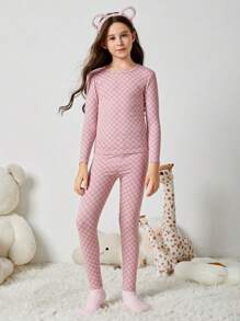 Chica preadolescente con estampado de cuadros Ropa interior Set - Rosa - Ver 4