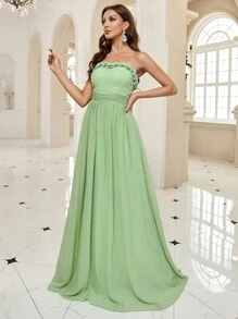 SHEIN Belle Frill Trim Ruched Tube Party Dress - Green - View 3