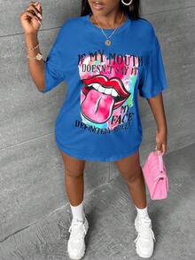 Slaydiva 唇部&標語圖案落肩T恤 - 寶藍色 - 查看 4