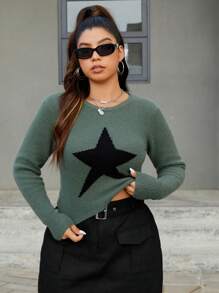SHEIN EZwear Áo Len Họa Tiết Ngôi Sao Plus - màu xanh lá - Xem 1