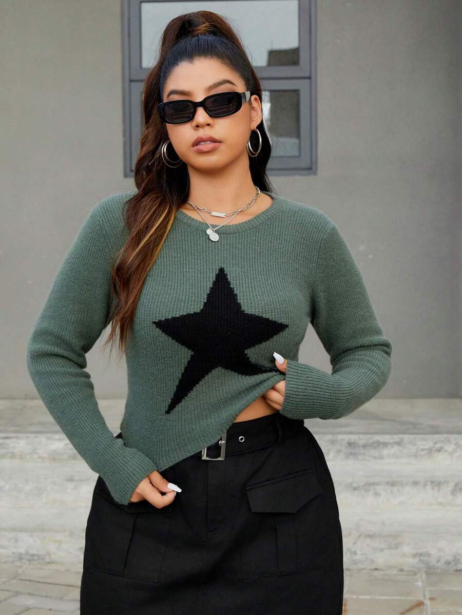 SHEIN EZwear Áo Len Họa Tiết Ngôi Sao Plus - màu xanh lá - Xem 1