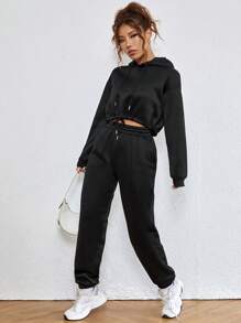 INAWLY 落肩袖抽繩下擺加絨內裏短款連帽衫和運動褲 - 黑色 - 查看 3