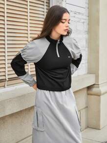 SHEIN Sports Áo khoác nỉ ngoài trời tay raglan cổ kéo nửa thân, in chữ phối màu, họa tiết. - màu đen - Xem 7