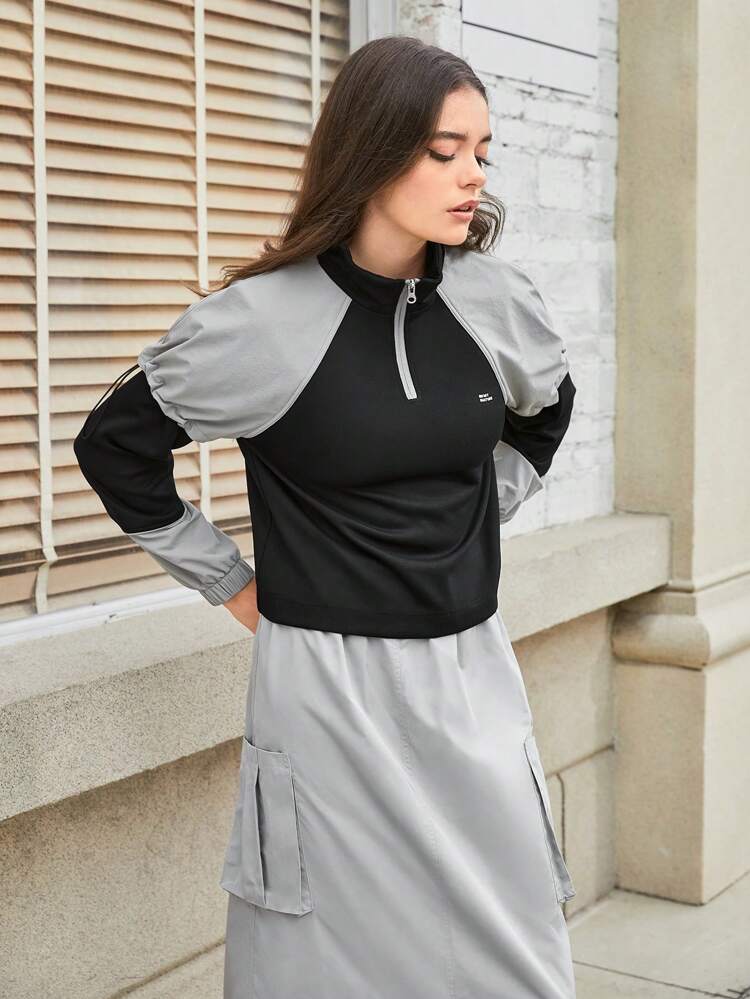 Colorblock Letter Graphic Raglan Sleeve Half Zip Outdoor Sweatshirt