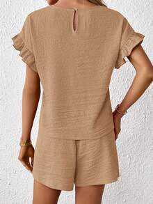SHEIN Essnce 荷葉袖上衣和腰部打結短褲 - 卡其色 - 查看 2
