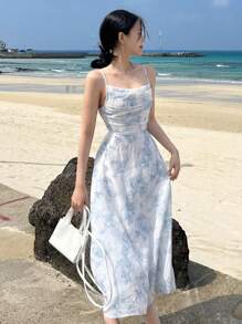 DAZY Váy yếm xếp nếp in hoa phía trước, váy suông Milkmaid - Màu xanh lam - Xem 3
