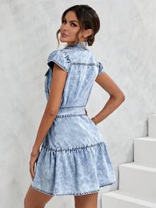 SHEIN LUNE Flap Pocket Belted Denim Dress - Medium Wash - View 2