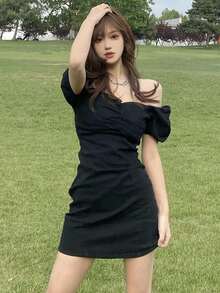 Chain Detail Puff Sleeve Sheath Dress - Black - View 3