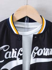 SHEIN 男小童字母圖案條紋飾邊棒球領襯衫&短褲不帶T恤 - 黑色 - 查看 6