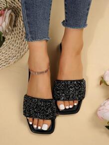 Sandalias Planas Para Mujer En Tallas Grandes, Chanclas De Playa De Verano Con Decoración De Diamantes De Imitación - Negro - Ver 3