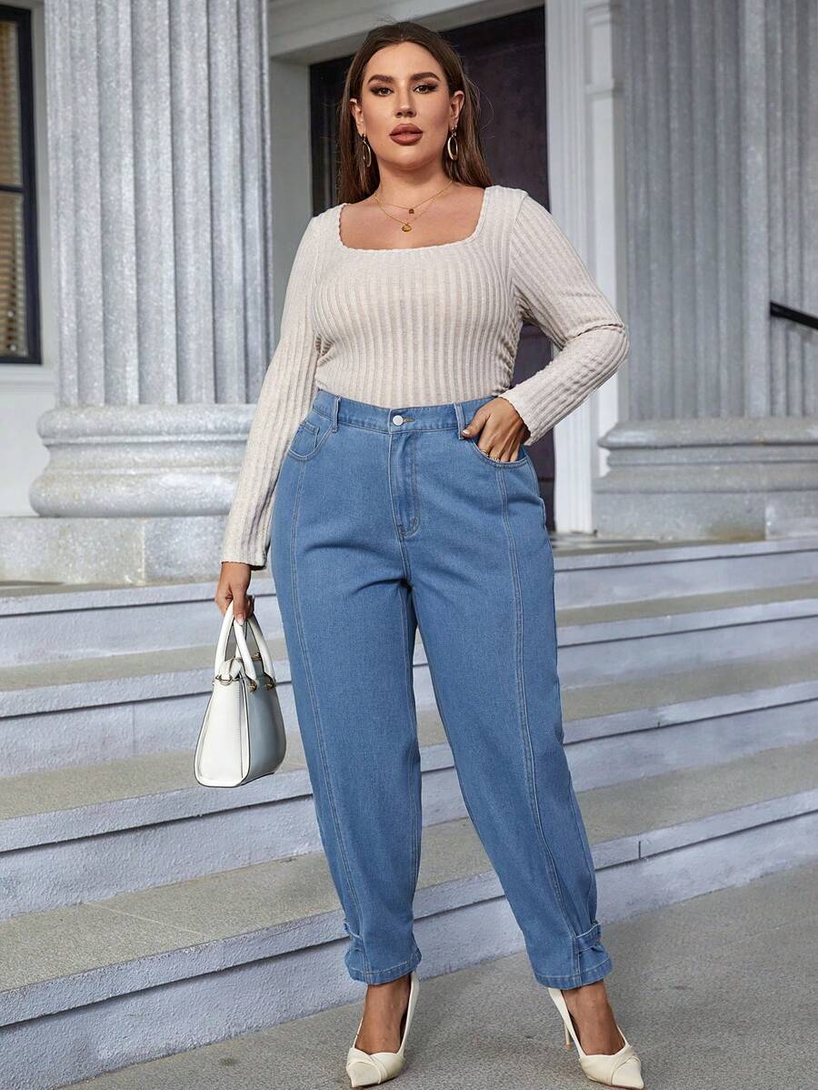 SHEIN Essnce Plus Buckled Hem Jeans - Medium Wash - View 1