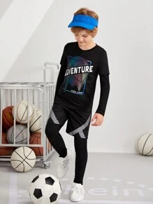 SHEIN 男大童字母圖案活躍T恤 - 黑色 - 查看 8