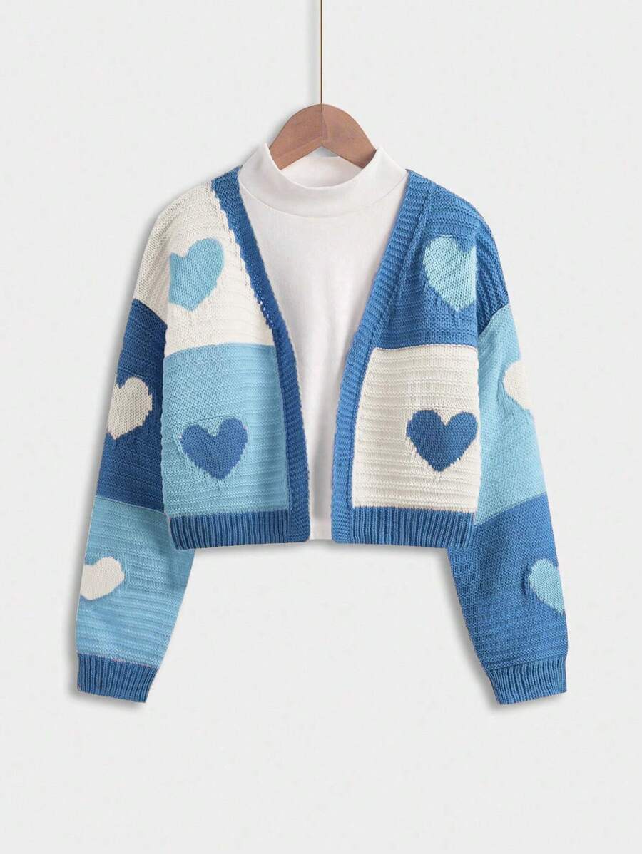 SHEIN Tween Girl 1pc Heart Pattern Drop Shoulder Duster Cardigan - Blue and White - View 1