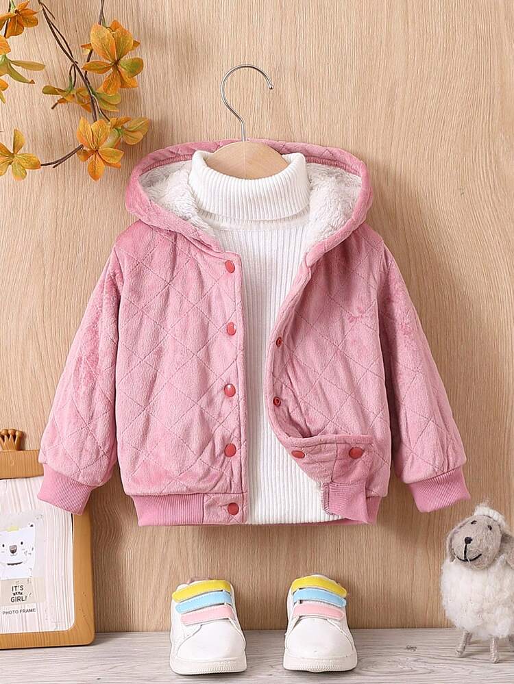 Baby Girl Snap Button Front Hooded Teddy Lined Quilted Coat Without Sweater
