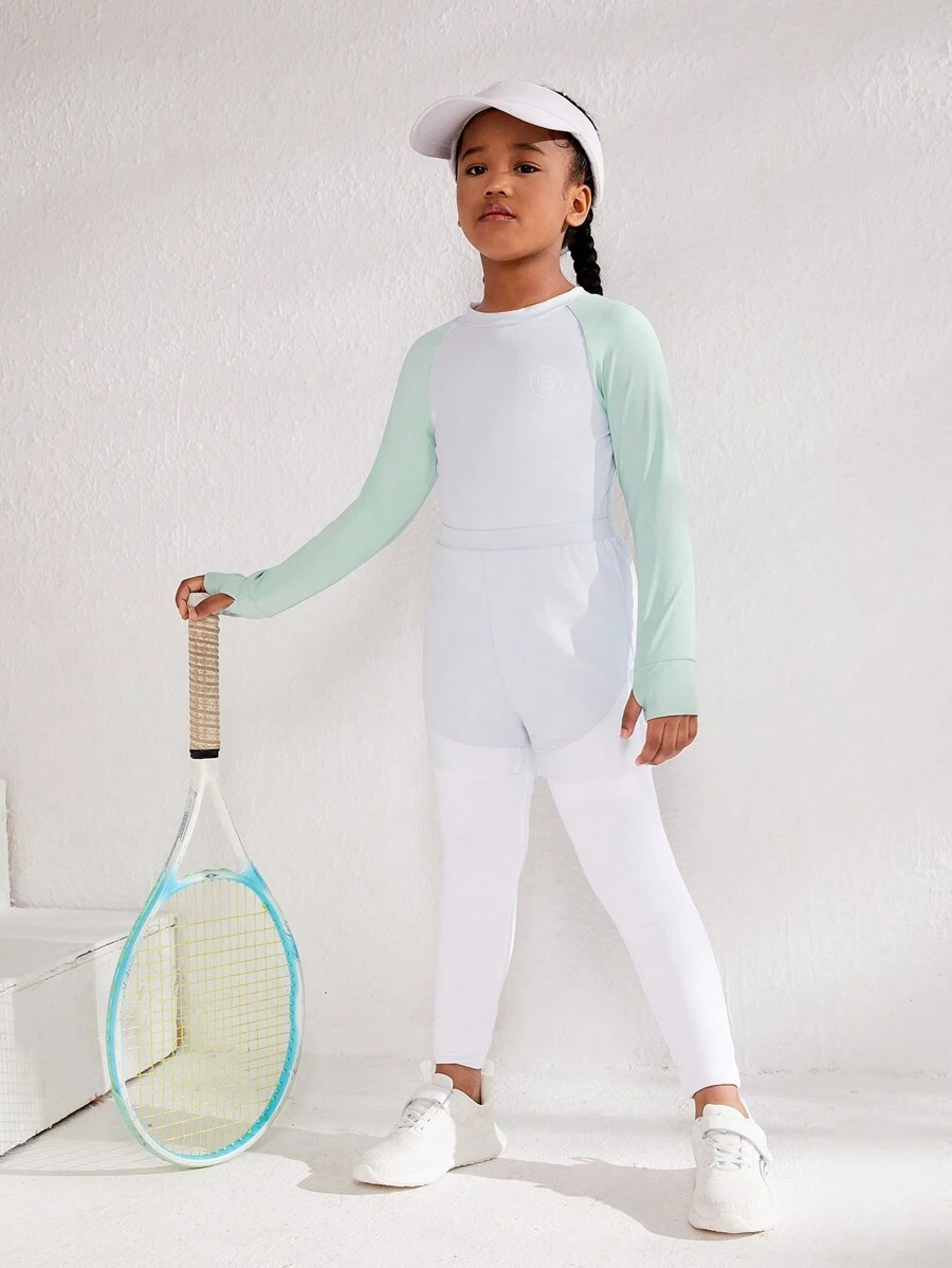 Tween Girl Two Tone Raglan Sleeve Active T-shirt & Leggings & Shorts - Multicolor - View 1