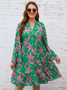 SHEIN LUNE Váy xòe tay loe họa tiết nhiệt đới cỡ lớn - Nhiều màu - Xem 4