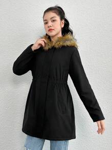 SHEIN 少女标语图案毛绒装饰连帽松紧腰带保暖衬里外套 - 黑色 - 查看 5