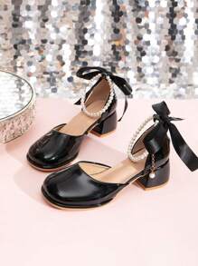 少女珍珠裝飾腳踝帶鑲空高跟鞋 - 白色 - 查看 4