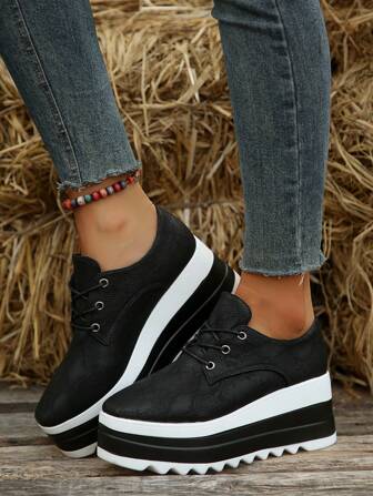 Höst/vinter Damloafers med kilklack och tjocka platåskor med fyrkantig tå och ormskinnskonst, Sneakers för kvinnor