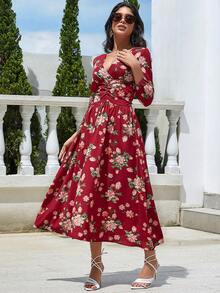 Eilly Bazar Floral Print Ruched Surplice Neck Dress - Multicolor - View 5