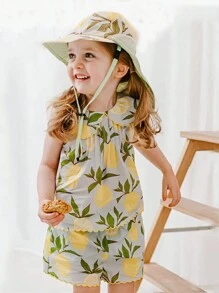 Baby Girl 1pc Lemon Print Peter Pan Collar Top & 1pc Shorts