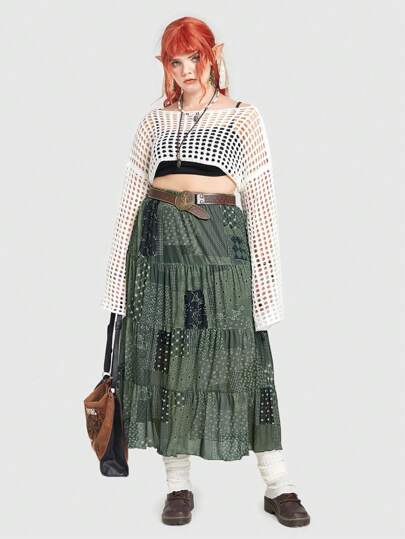 Fairycore Plus Size Vacation Leisure Patchwork Printed Skirt