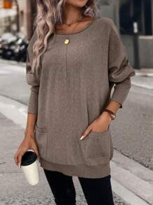 LanaWest 双口袋蝙蝠袖口袋贴片毛衣，长袖上衣 - 棕色 - 查看 3