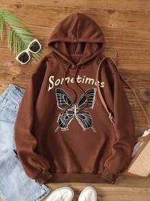 SHEIN LUNE Hoạt hình Bướm & Chữ cái Dây rút Lót nhiệt Hoodie - Rỉ Nâu - Xem 1