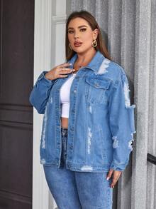 SHEIN LUNE Plus Ripped Flap Pocket Denim Jacket - Light Wash - View 3
