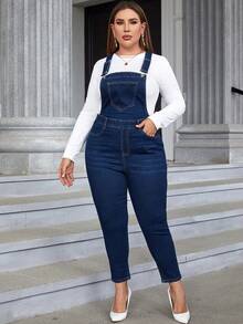 SHEIN Essnce 休閒鈕扣 口袋純色大碼牛仔連體褲 - 深色水洗藍 - 查看 3