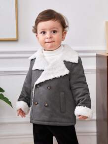 SHEIN Baby Boy Double Breasted Teddy Lined Coat Without Sweater - Dark Grey - View 2