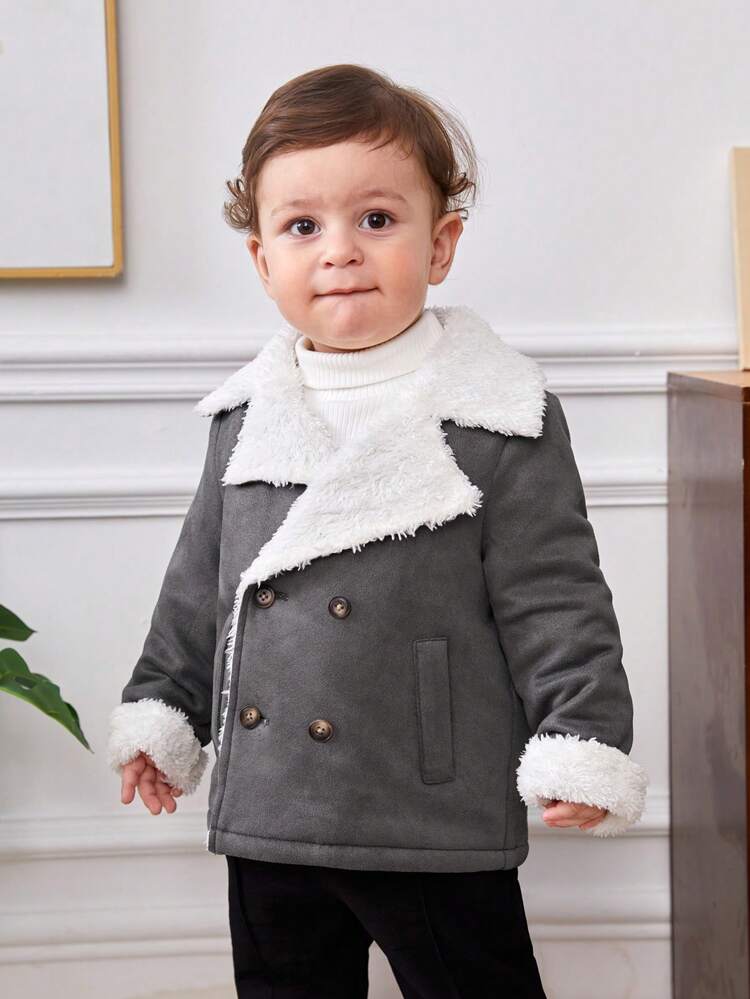 Baby Boy Double Breasted Teddy Lined Coat Without Sweater