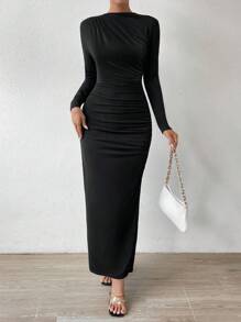 SHEIN Clasi Solid Ruched Split Thigh Bodycon Dress Maxi Women Outfit - Black - View 7