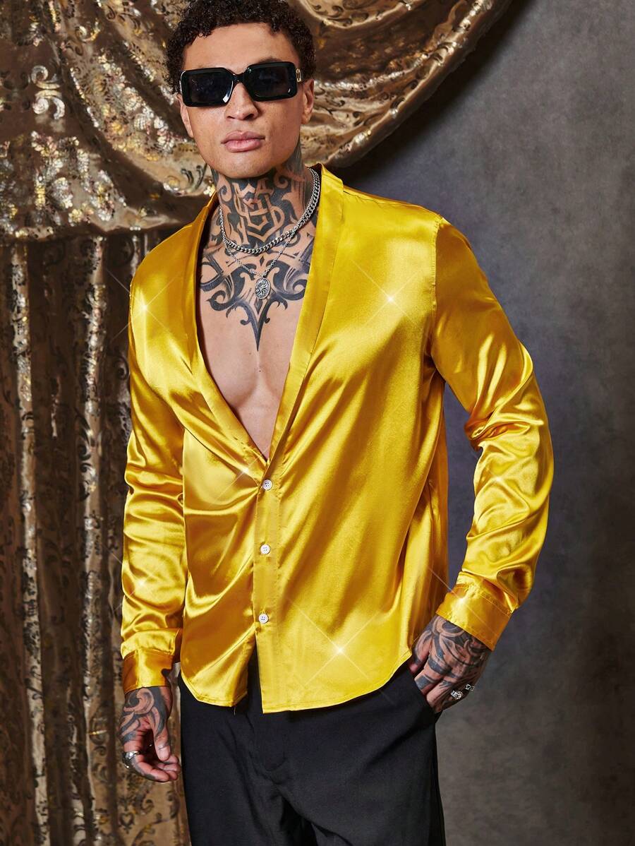 GENTILAND Men Shawl Collar Satin Shirt - Gold - View 1