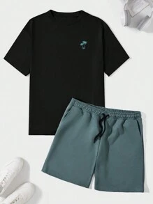 RueChic Men Tropical Print Tee & Drawstring Waist Shorts - Multicolor - View 1