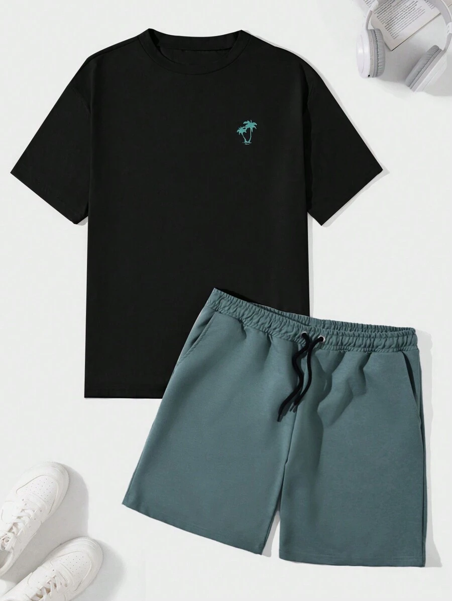 RueChic Men Tropical Print Tee & Drawstring Waist Shorts - Multicolor - View 1