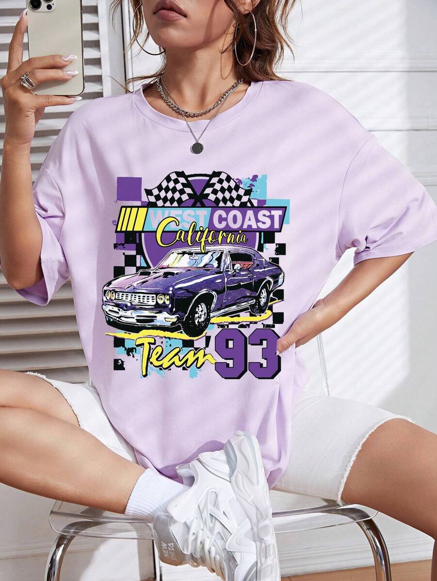 INAWLY Car And Letter Graphic Drop Shoulder Tee Graphic Tees Women Tops - Purple - View 1