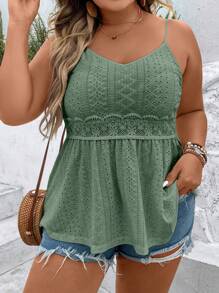 Breezaya Plus Eyelet Embroidery Peplum Summer Boho Cami Top - Green - View 1