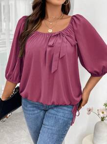 Calvaya 大碼前打結燈籠袖襯衫 - 中紫紅色 - 查看 3