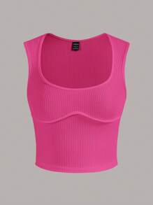 SHEIN EZwear Top tank unicolor tejido de canalé - Rosa Fucsia - Ver 1