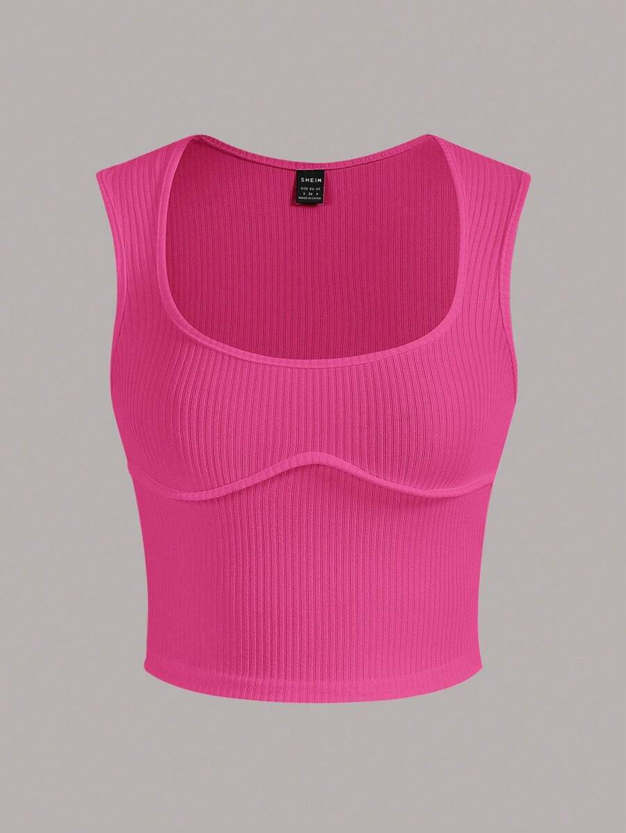 SHEIN EZwear Top tank unicolor tejido de canalé - Rosa Fucsia - Ver 1