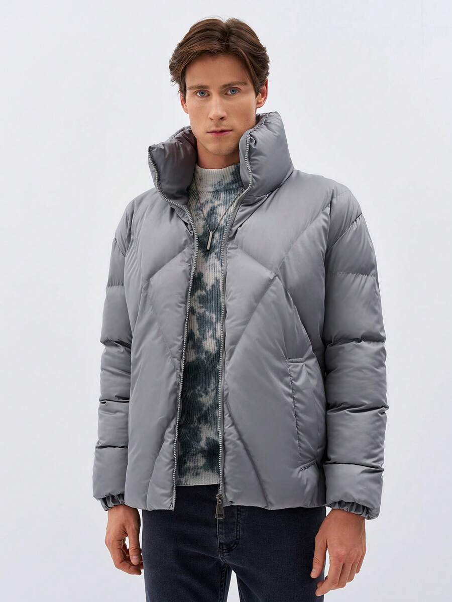 RueChic Men Zip Up Puffer Coat - Light Grey - View 1